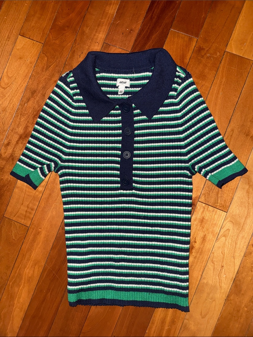 aerie Navy, Green & White Striped Button-Front Polo